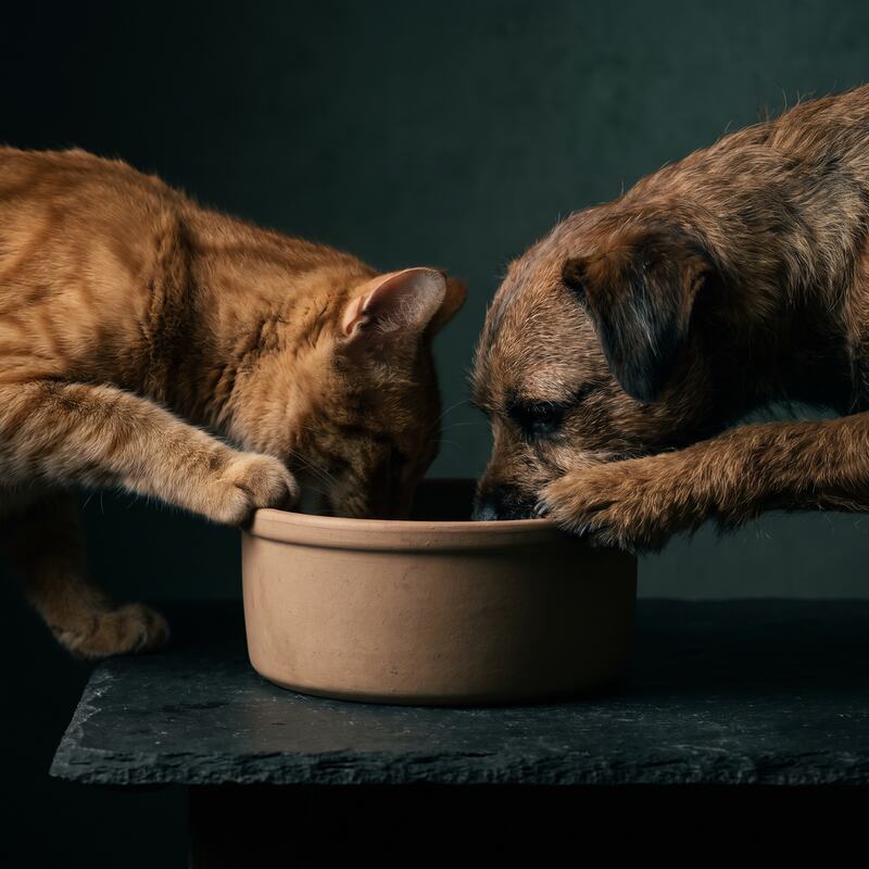 A cat's paw dipping into a bowl on a dark surface, lit from one side.