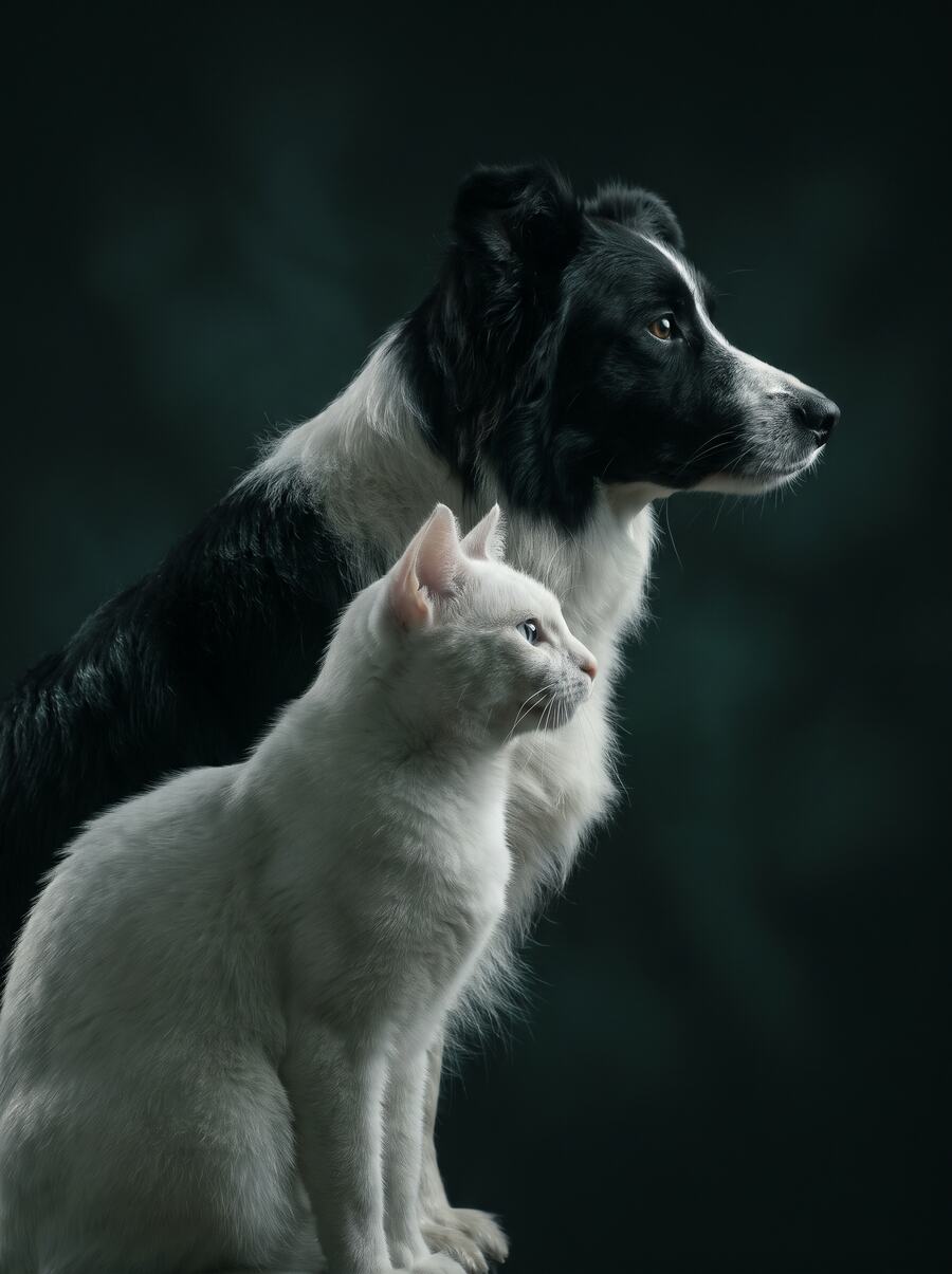 A white cat and a border collie in profile, rim lit against a near black background.