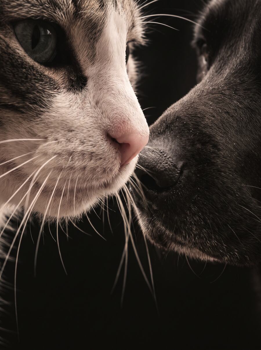 An extreme close-up of a grey tabby cat's nose and whiskers against a black background.
