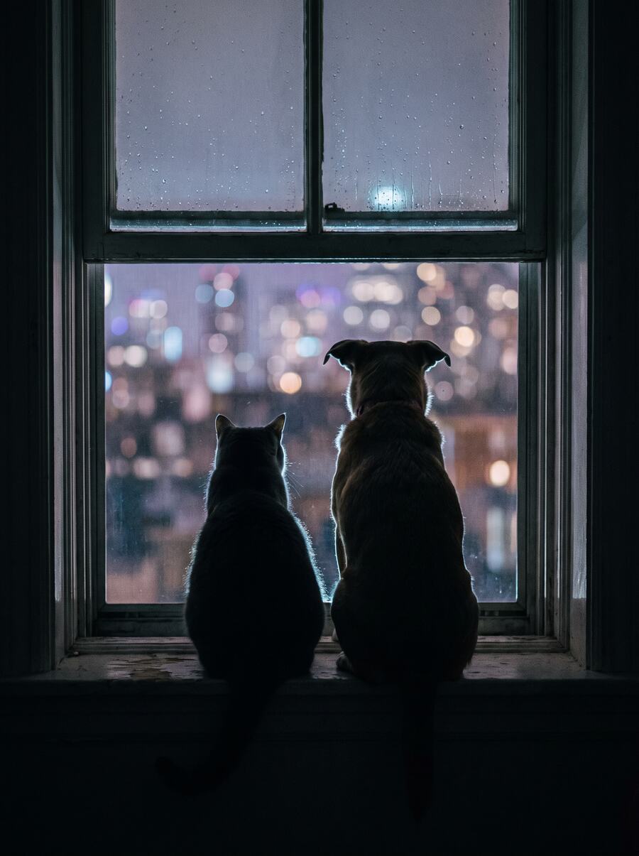 A cat sitting in silhouette in front of a rain-speckled window with coloured lights behind it.